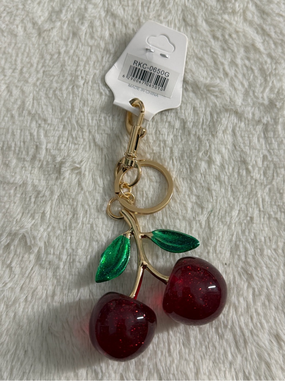 Gold Cherry Keychain with Red Glitter Cherries and Green Leaves